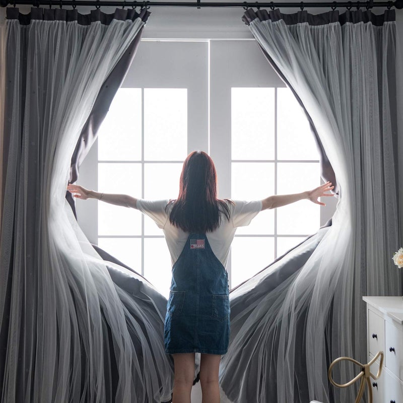 UNISTAR 2 Panels Stars Blackout Curtains for Bedroom Girls Kids Baby Window Curtain Double Layer Star Cut Out Aesthetic Living Room Decor Wall Home Decorations Curtain,W52 x L84 Inches,Grey - Image 2